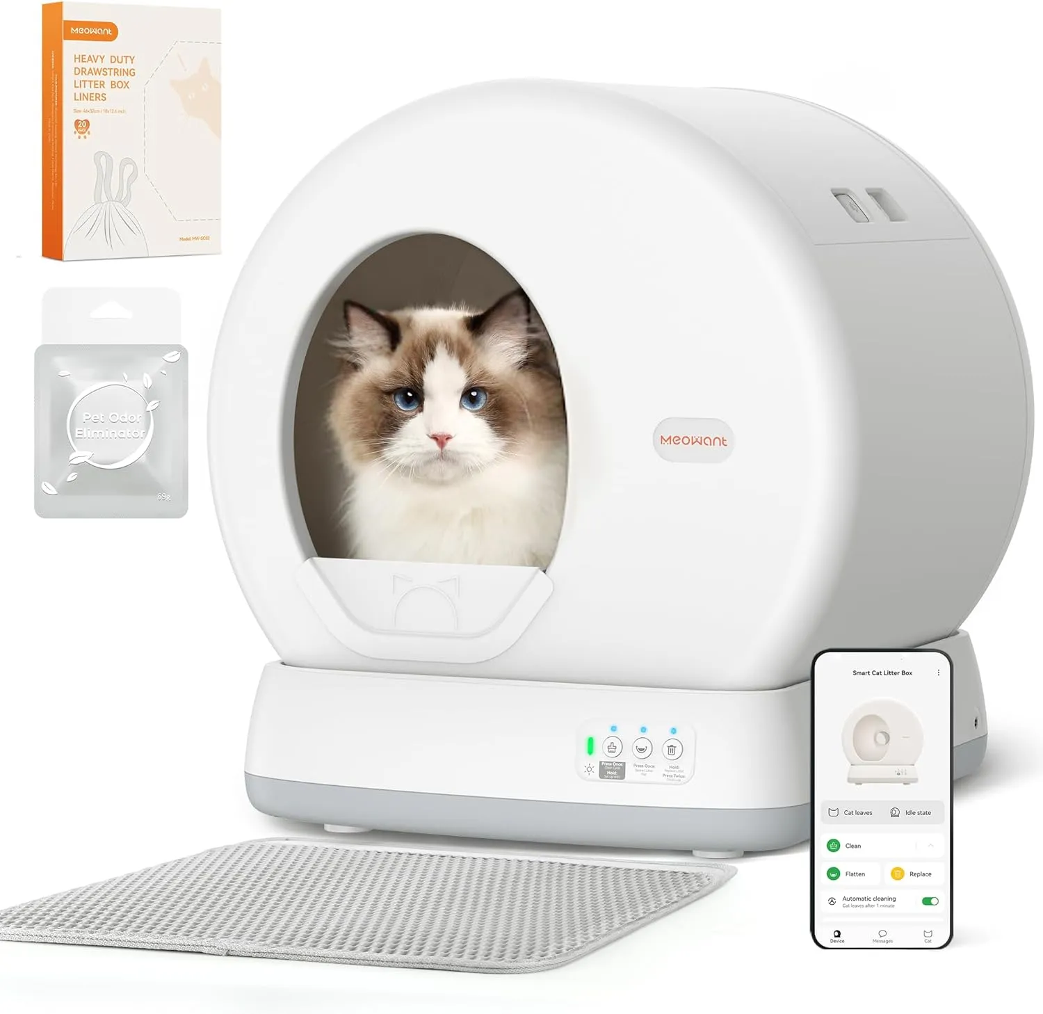 MeoWant Self-Cleaning Cat Litter Box, Integrated Safety Protection Automatic Cat Litter Box for Multi Cats, Extra Large/Odor Removal/APP Control Smart Cat Litter Box with Mat & Liner