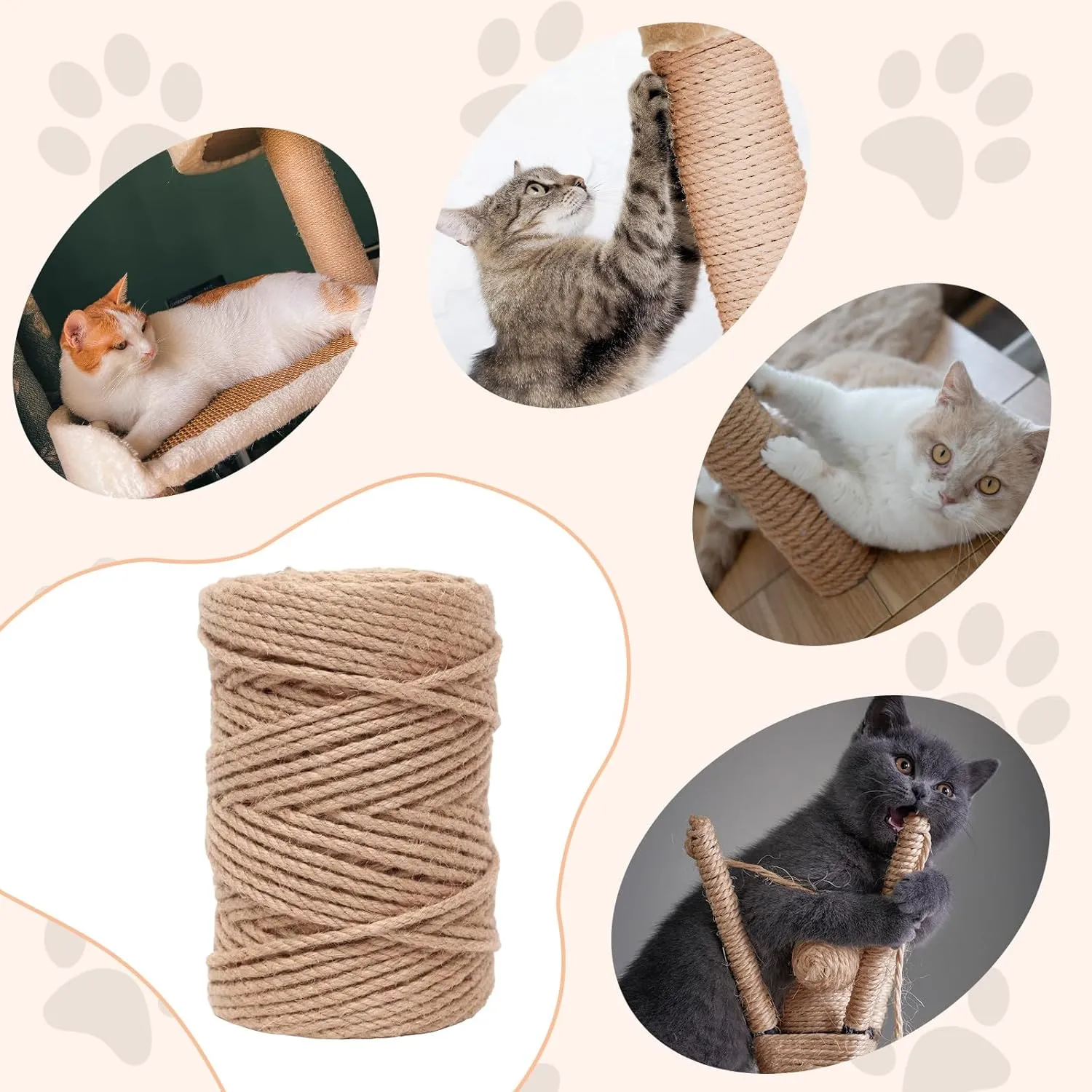 Nature Hemp Rope,sisal Rope for cat Scratcher,Rope for cat Scratch Postcat Scratching Post Replacement,Cat Scratcher Replacement Rope Heavy Duty Jute Twine for Cat Tree and Tower, DIY (1/4inch,50FT)