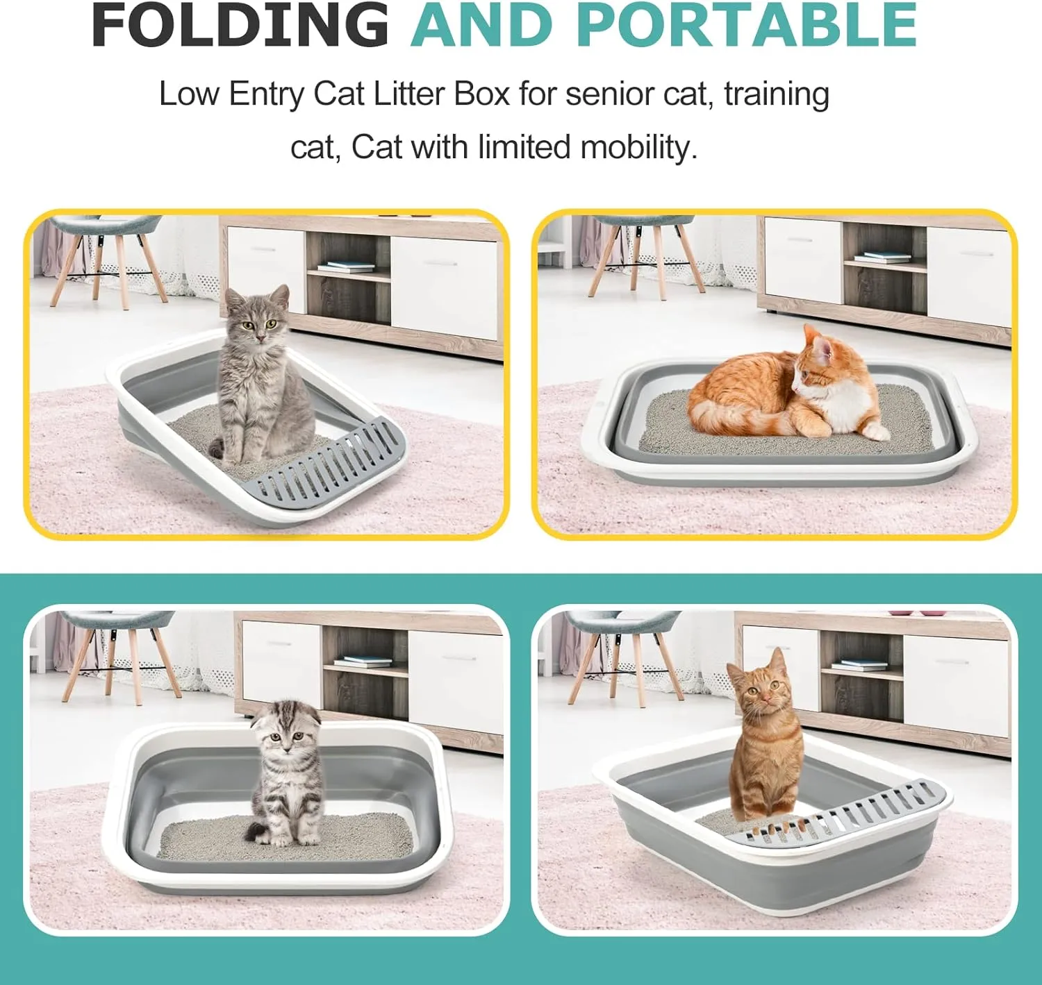 Open Top Cat Litter Box, Large Foldable Kitty Potty with Height-Adjustable Sides and Anti-Splash Design, Easy Clean with Cat Litter Scoop (Gray)