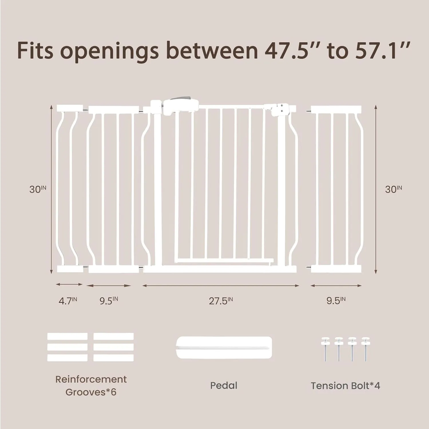 owlie Extra Wide Baby Gate for Stairs Dooorways with Door 47-57 Inch, Extra Large Long Stair Gates for Kids Pet Gate Baby Gates Pressure Mount White (30.5" Tall)