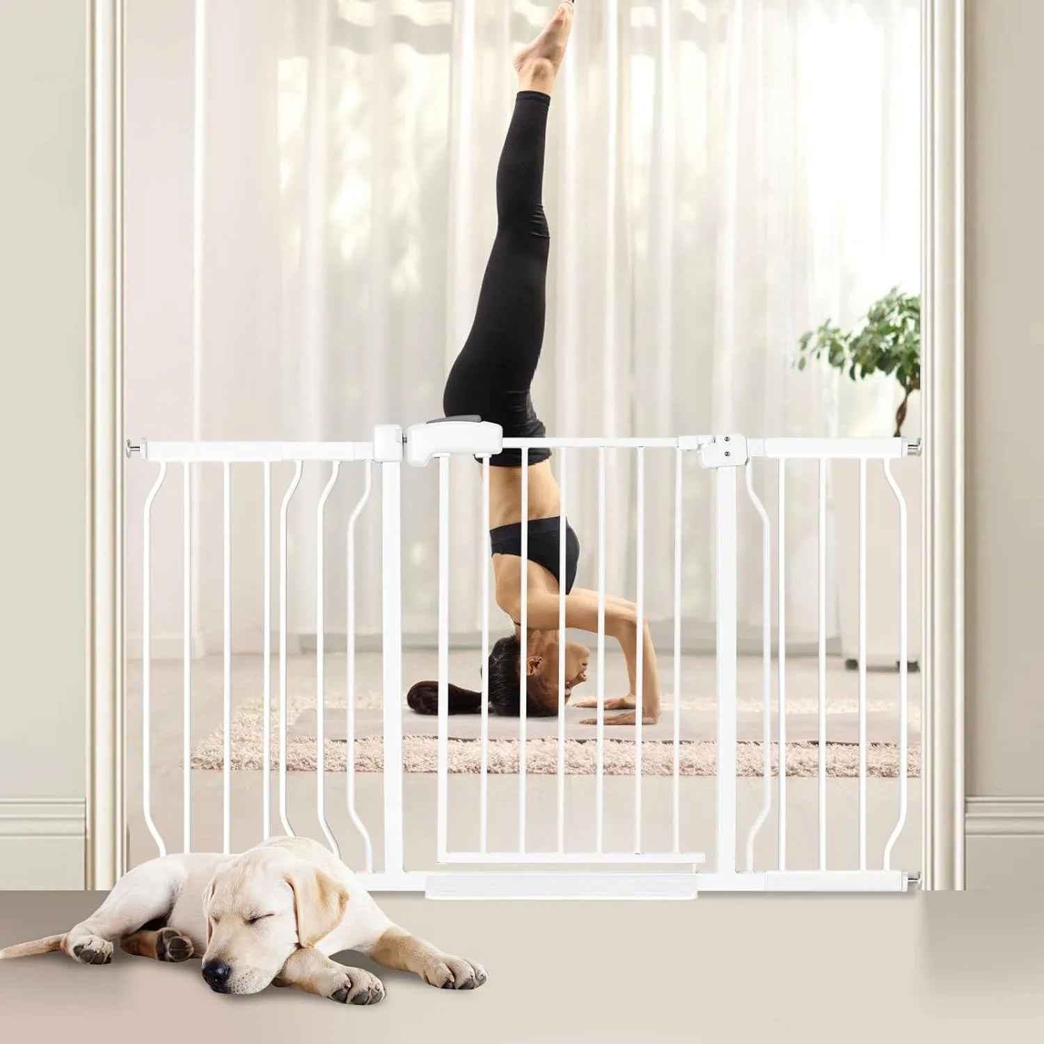 owlie Extra Wide Baby Gate for Stairs Dooorways with Door 47-57 Inch, Extra Large Long Stair Gates for Kids Pet Gate Baby Gates Pressure Mount White (30.5" Tall)