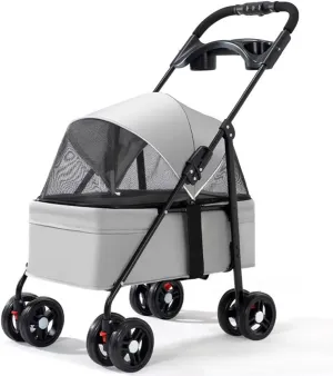 Pet stroller for dogs and cats go out,foldable pet trolley,4 wheels pet pram cart with swivel front wheel,rear wheel with foot brakes,front and back openable canopy with mesh window