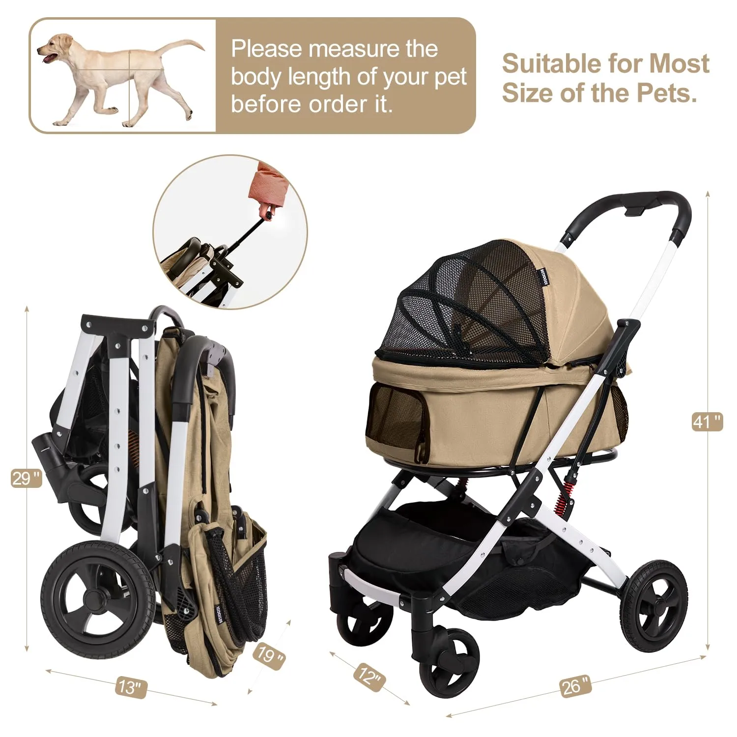 Pet Stroller for Small Medium Dogs Cats with Storage Basket Cat Stroller Travel Carrier Strolling Cart with Safety Leashes, Khaki