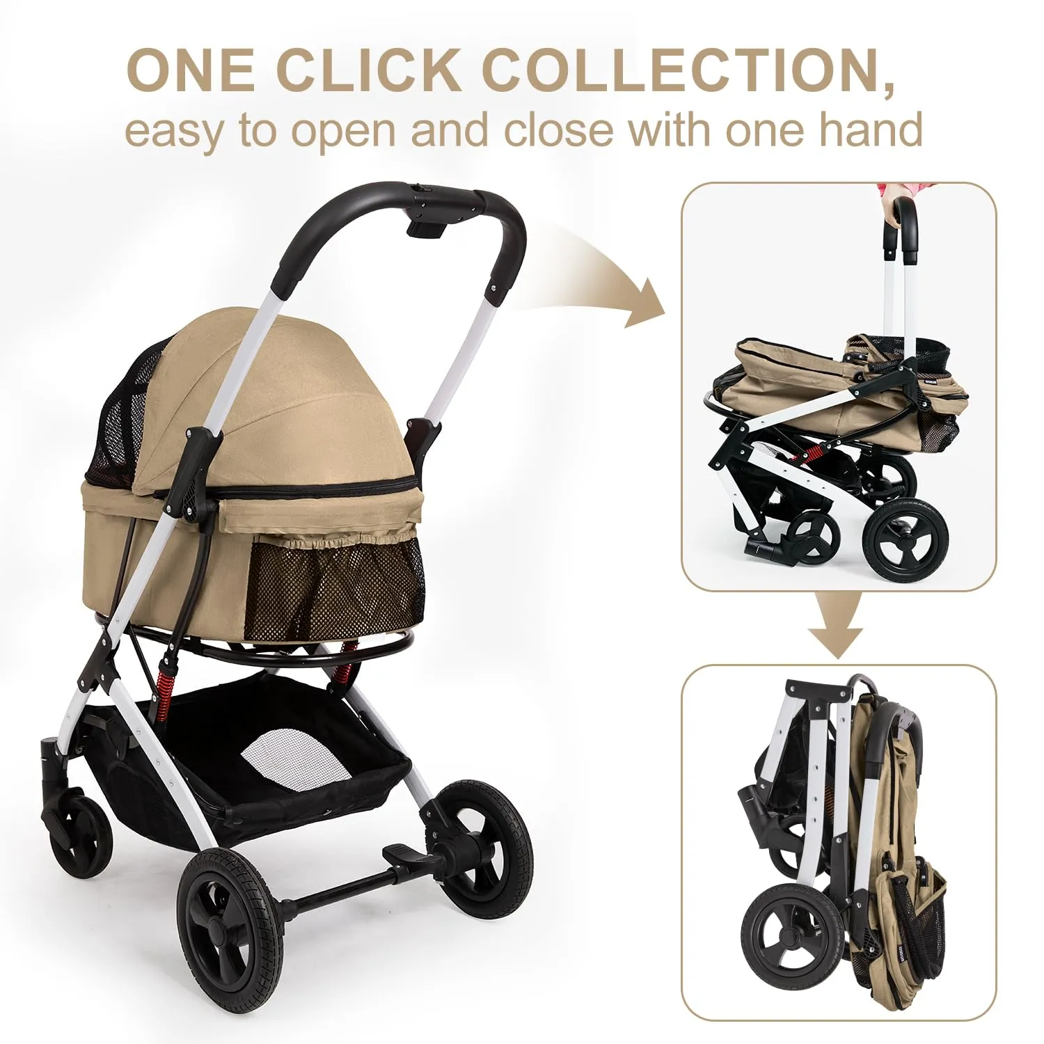 Pet Stroller for Small Medium Dogs Cats with Storage Basket Cat Stroller Travel Carrier Strolling Cart with Safety Leashes, Khaki