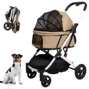 Pet Stroller for Small Medium Dogs Cats with Storage Basket Cat Stroller Travel Carrier Strolling Cart with Safety Leashes, Khaki