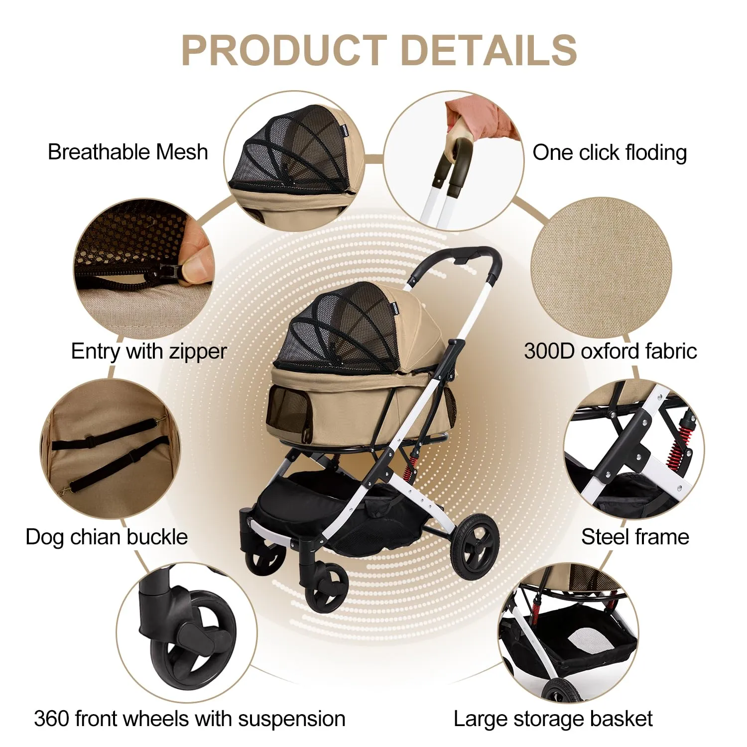 Pet Stroller for Small Medium Dogs Cats with Storage Basket Cat Stroller Travel Carrier Strolling Cart with Safety Leashes, Khaki