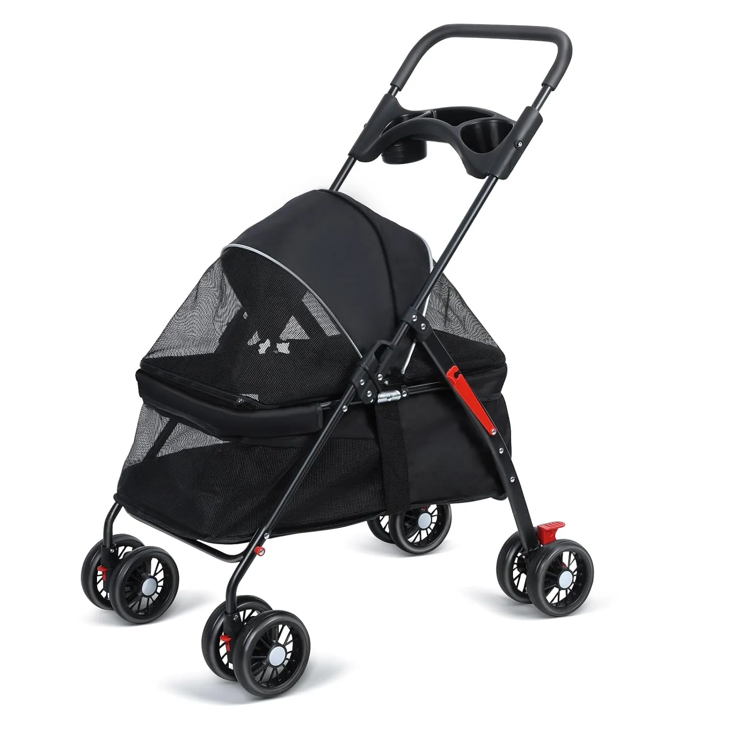 Pet Stroller with 4 Wheels,Foldable Dog Cat Cage Stroller with Cup Holder Breathable Mesh for Medium Small Dogs Cats 1 Set