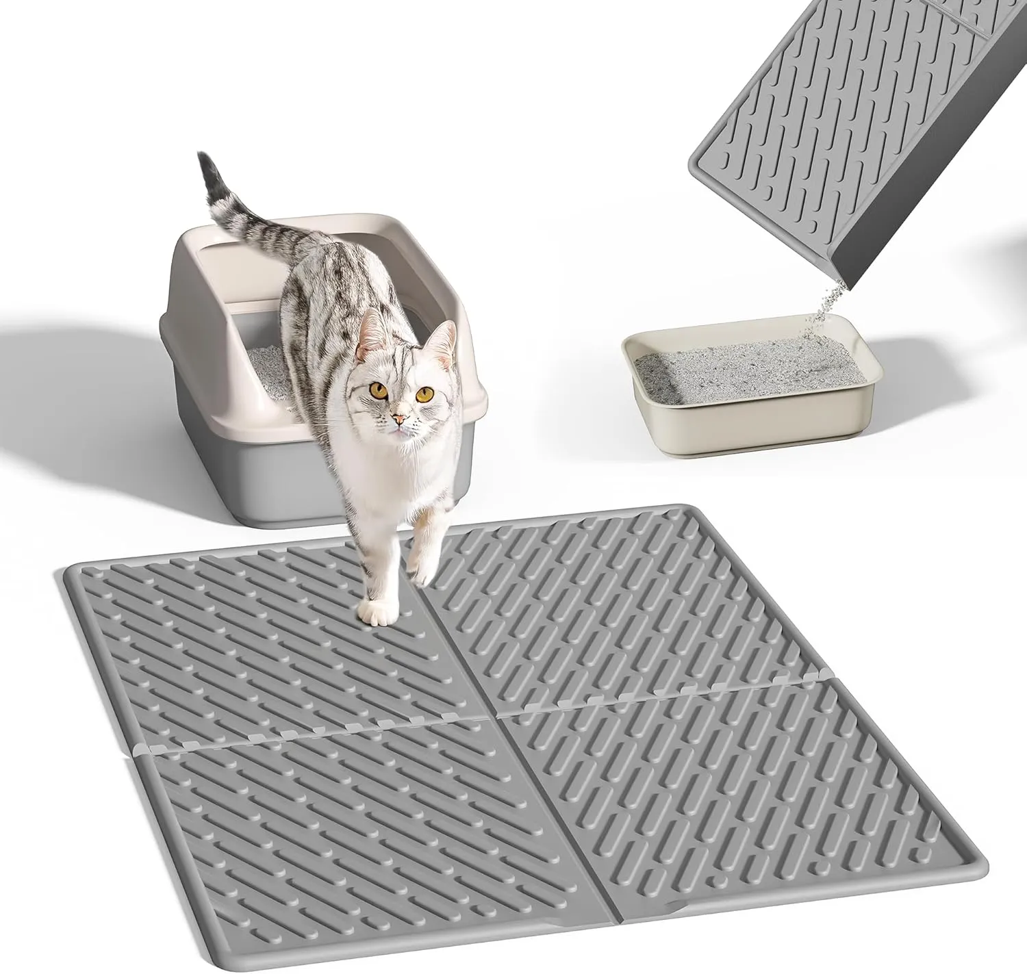 Pieviev Cat Litter Box Mat, 31"x 24" Scratch Resistant Litter Trapping Mat, Easy Clean for Scatter Control, Soft on Kitty Paws, Waterproof & Urine Proof for Indoor Use, Gray