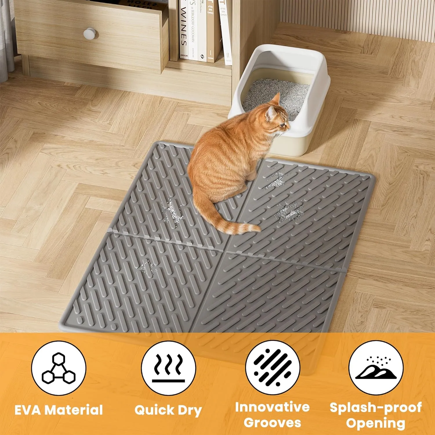 Pieviev Cat Litter Box Mat, 31"x 24" Scratch Resistant Litter Trapping Mat, Easy Clean for Scatter Control, Soft on Kitty Paws, Waterproof & Urine Proof for Indoor Use, Gray