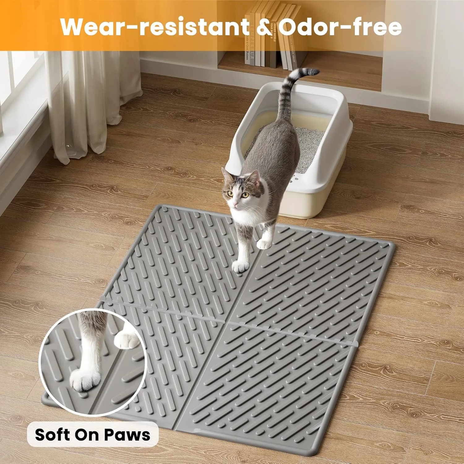Pieviev Cat Litter Box Mat, 31"x 24" Scratch Resistant Litter Trapping Mat, Easy Clean for Scatter Control, Soft on Kitty Paws, Waterproof & Urine Proof for Indoor Use, Gray