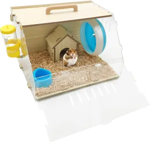 PINVNBY Acrylic Hamster Cage Wooden Small Animal Cage with Running Wheel Water Bottle Food Basin Hamster House Hamster Travel Carrier Carry Case for Gerbils Mice Dwarf Hamster