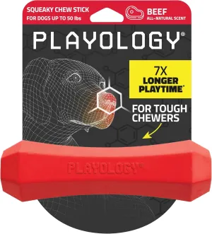 Playology Squeaky Chew Stick Dog Toy for Medium Dogs up to 50lbs | Engaging All-Natural Beef Scented Chew Toy for Tough Chewers | Easy to Clean & Non-Toxic Materials