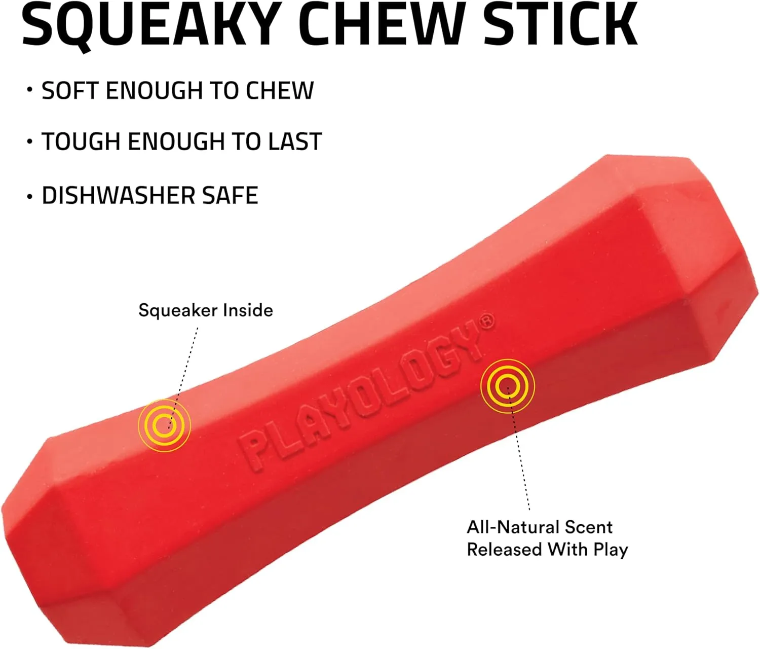 Playology Squeaky Chew Stick Dog Toy for Medium Dogs up to 50lbs | Engaging All-Natural Beef Scented Chew Toy for Tough Chewers | Easy to Clean & Non-Toxic Materials
