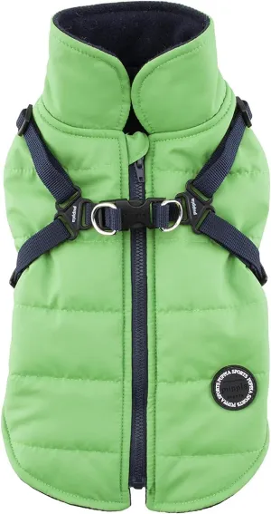 Puppia Mountaineer Winter Dog Coat with integrated harness No Pull Cold Weather Waterproof Warm Fleece Back Zipper for Small & Medium Dog, GREEN, Large