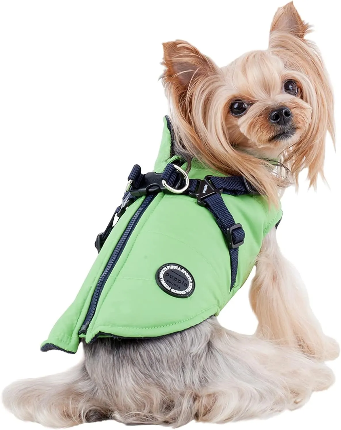 Puppia Mountaineer Winter Dog Coat with integrated harness No Pull Cold Weather Waterproof Warm Fleece Back Zipper for Small & Medium Dog, GREEN, Large