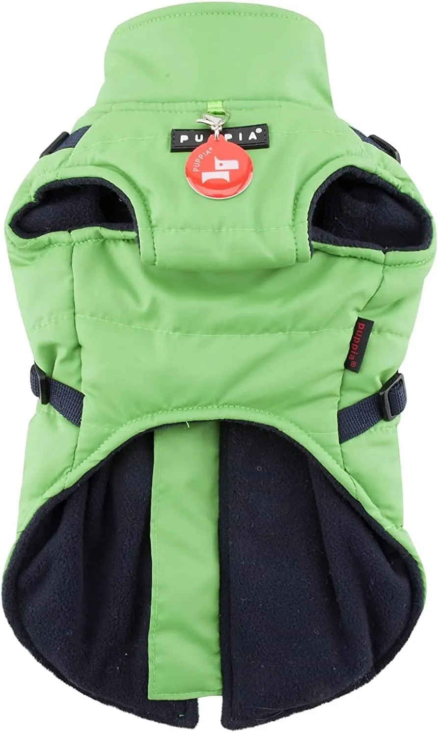 Puppia Mountaineer Winter Dog Coat with integrated harness No Pull Cold Weather Waterproof Warm Fleece Back Zipper for Small & Medium Dog, GREEN, Large