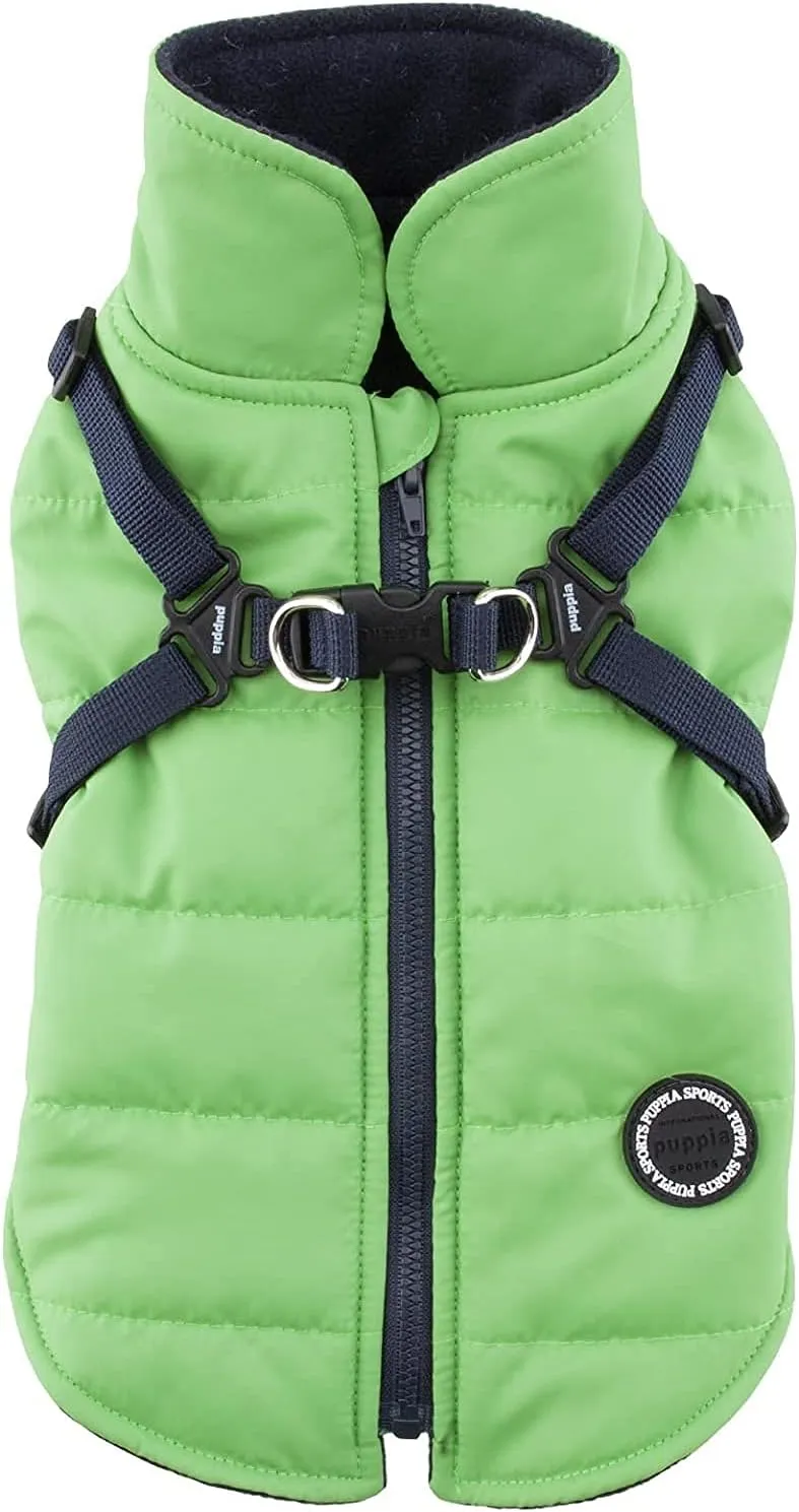 Puppia Mountaineer Winter Dog Coat with integrated harness No Pull Cold Weather Waterproof Warm Fleece Back Zipper for Small & Medium Dog, GREEN, Large