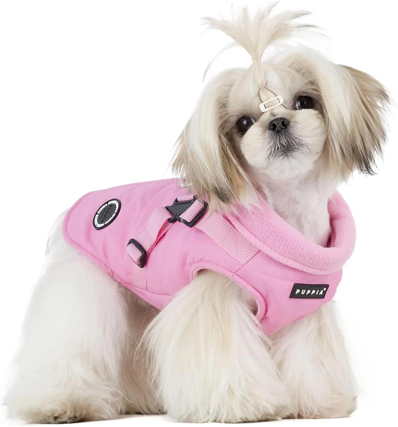 Puppia Mountaineer Winter Dog Coat with integrated harness No Pull Cold Weather Waterproof Warm Fleece Back Zipper for Small & Medium Dog, PINK, Large
