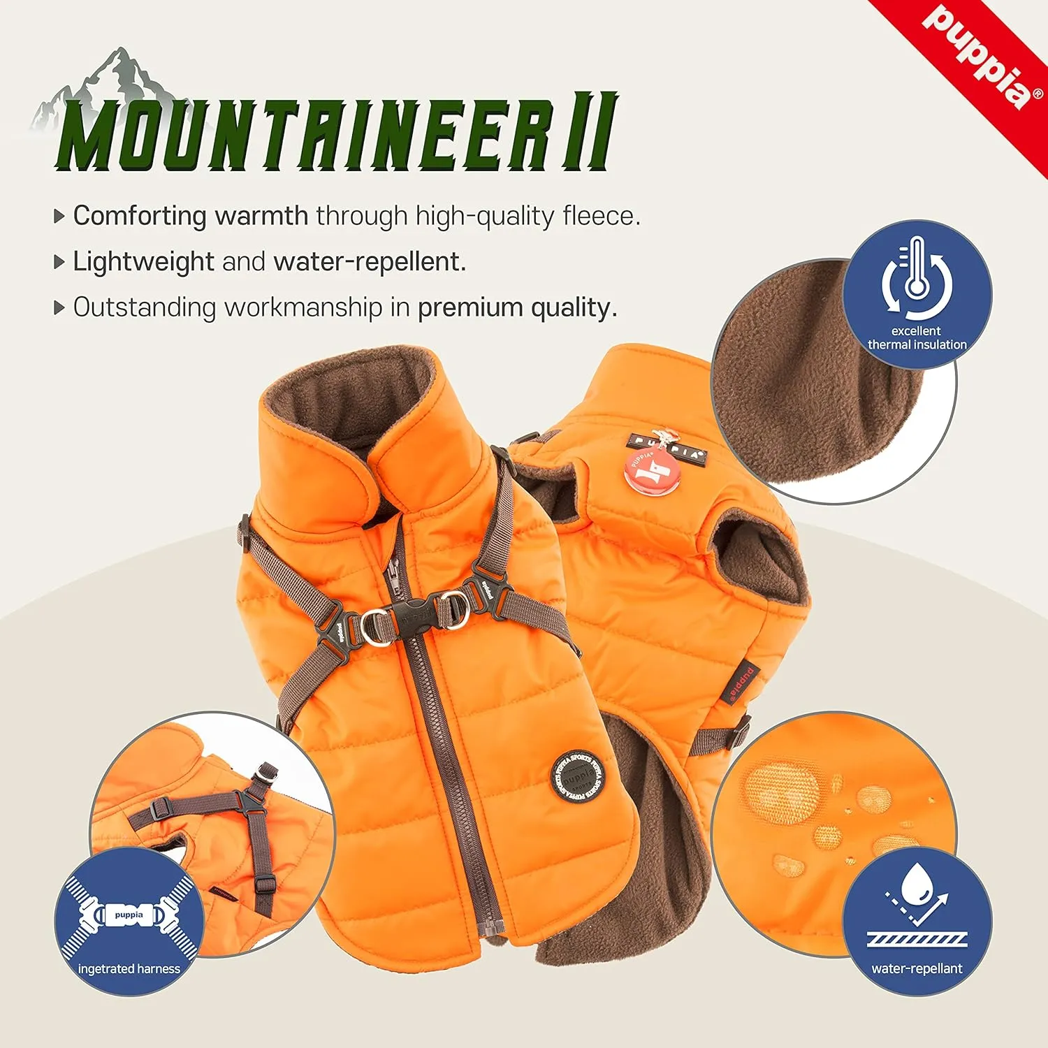 Puppia Mountaineer Winter Dog Coat with integrated harness No Pull Cold Weather Waterproof Warm Fleece Back Zipper for Small & Medium Dog, PINK, Large