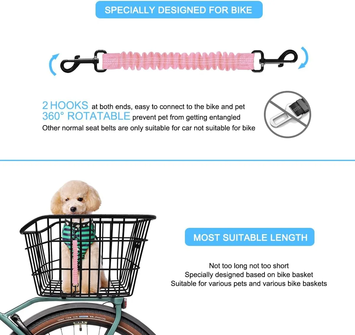 Retractable Bicycle Dog Seatbelt, Elastic Pet Safety Leash Harness for Cat, Dog Leash Extension Attachment Shock Absorbing Lead Extension Absorber (Pink)