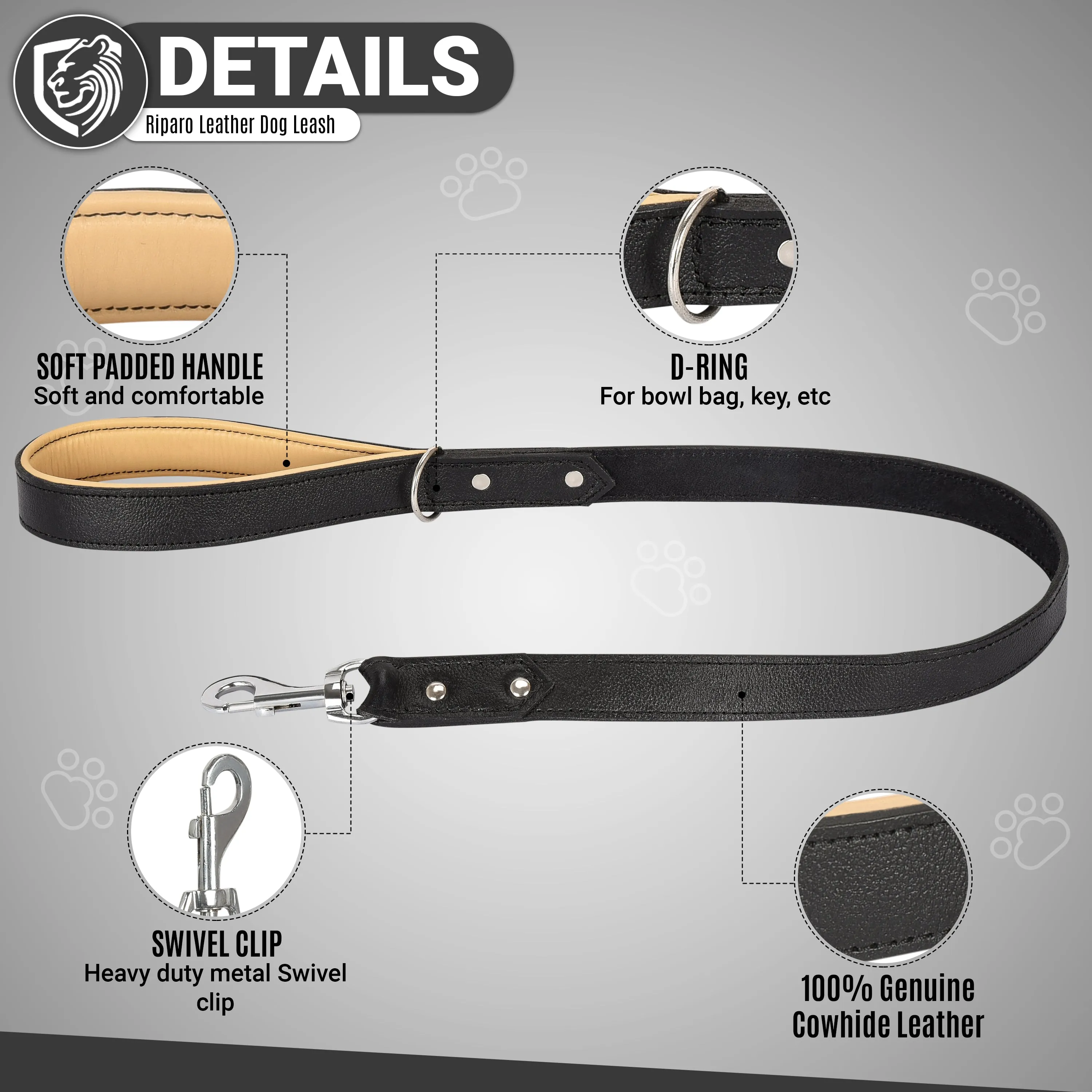 Riparo Heavy Duty Leather Dog Leash with Padded Handle, 3FT Long Dog Lead, 1.25IN Wide Dog Training Walking Leashes for Medium Large Dogs - Black