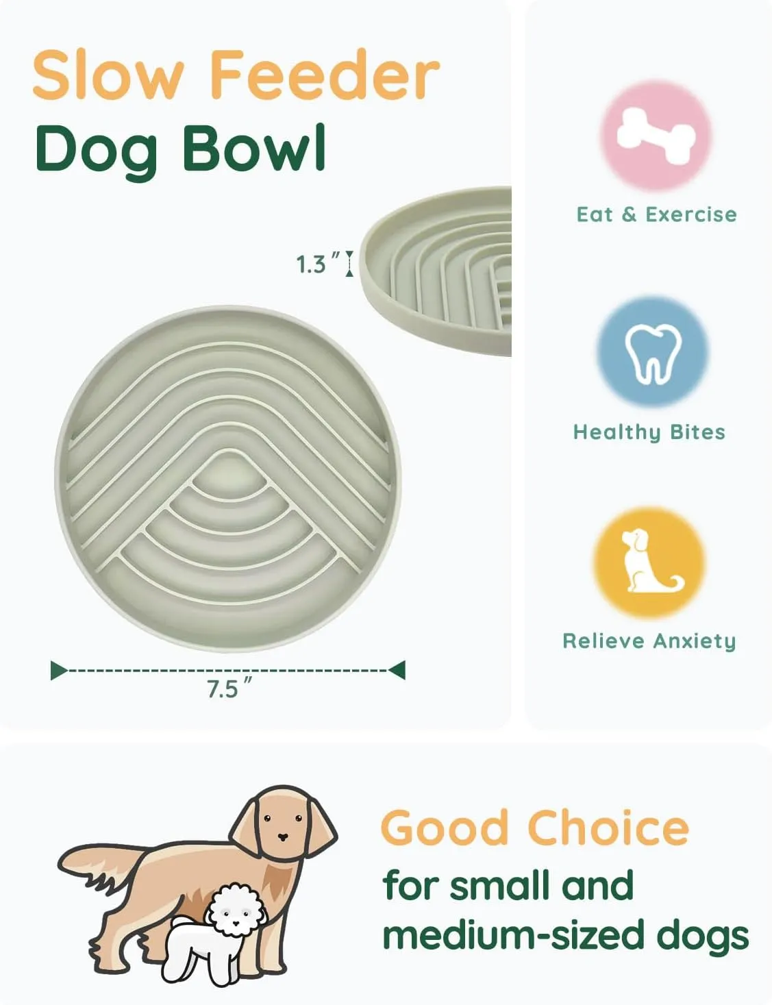 Slow Feeder Dog Bowls, Slowdown Bowl - Silicone Dog Feeding Bowls with Suction Cups for Puppies, Modern Lick Mat Design, Reduces Gulping, Dishwasher Fit, Mealtime Challenge, Green