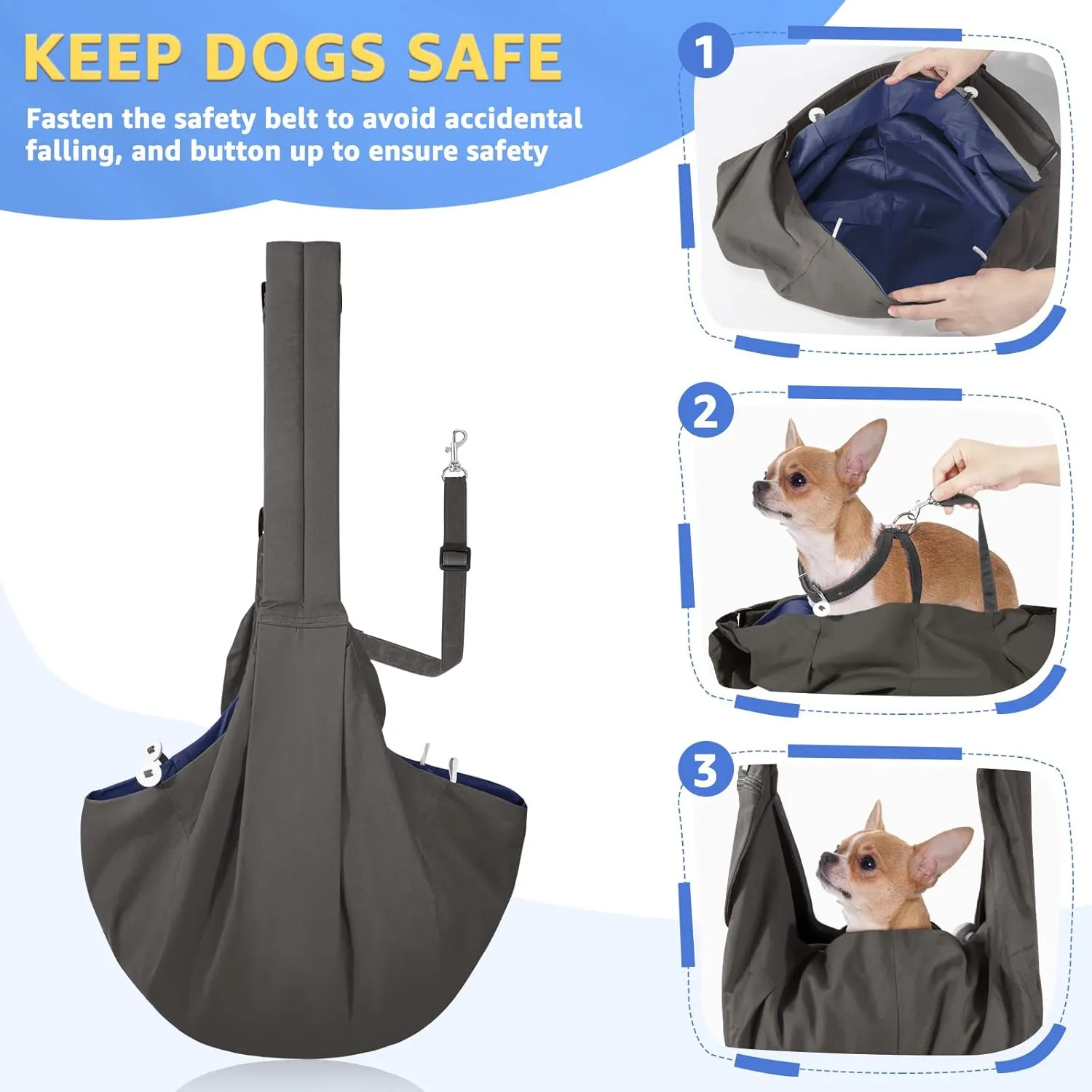 SlowTon Dog Carrier Sling, Thick Padded Adjustable Shoulder Strap Dog Carriers for Small Dogs, Puppy Carrier Purse for Pet Cat with Front Zipper Pocket Safety Belt Machine Washable (Gray S)