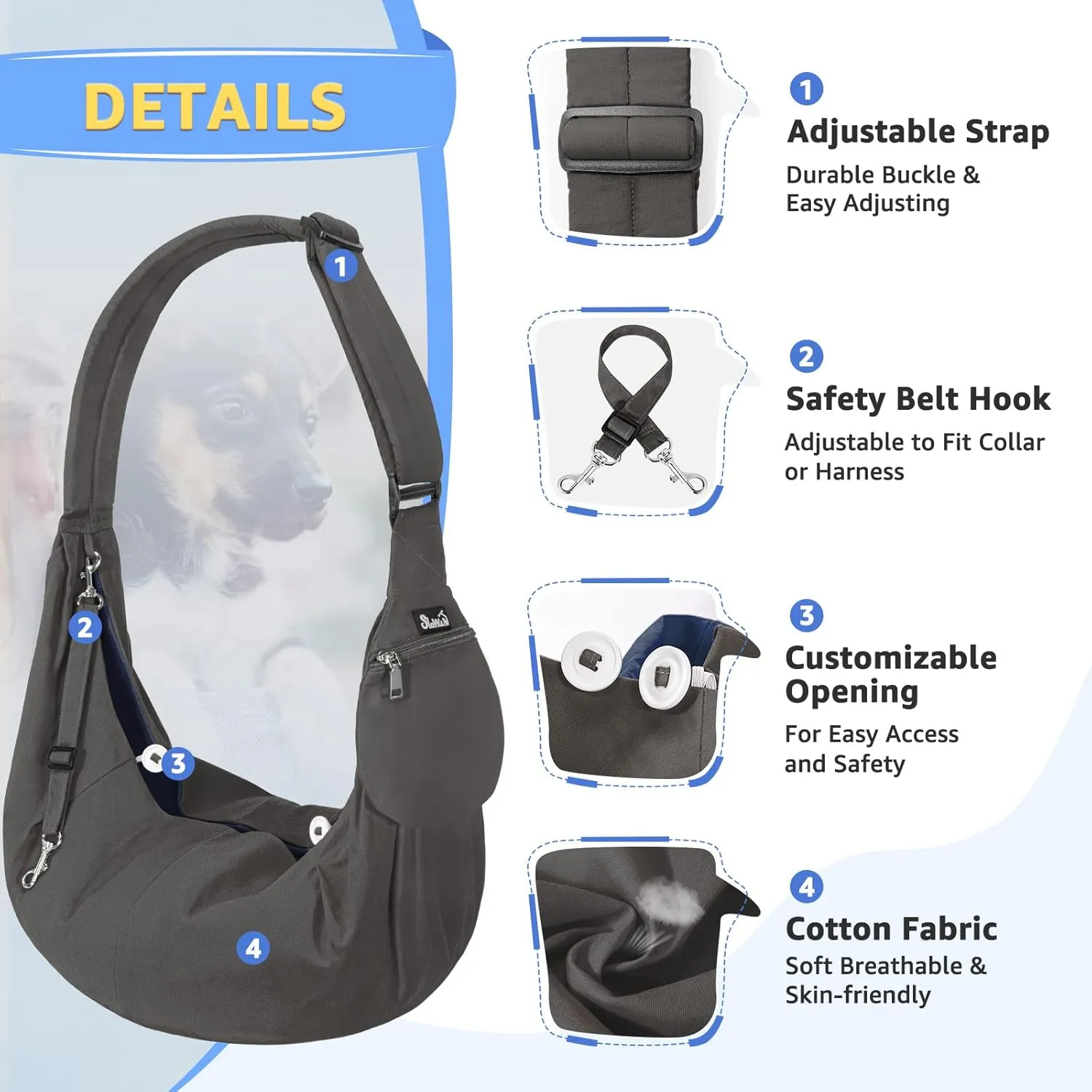 SlowTon Dog Carrier Sling, Thick Padded Adjustable Shoulder Strap Dog Carriers for Small Dogs, Puppy Carrier Purse for Pet Cat with Front Zipper Pocket Safety Belt Machine Washable (Gray S)
