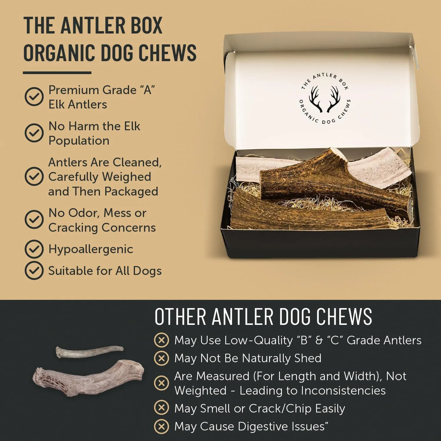 The Antler Box Premium Elk Antler Dog Chews (1 Pound Box) (Medium (4 Pieces) Whole Only)