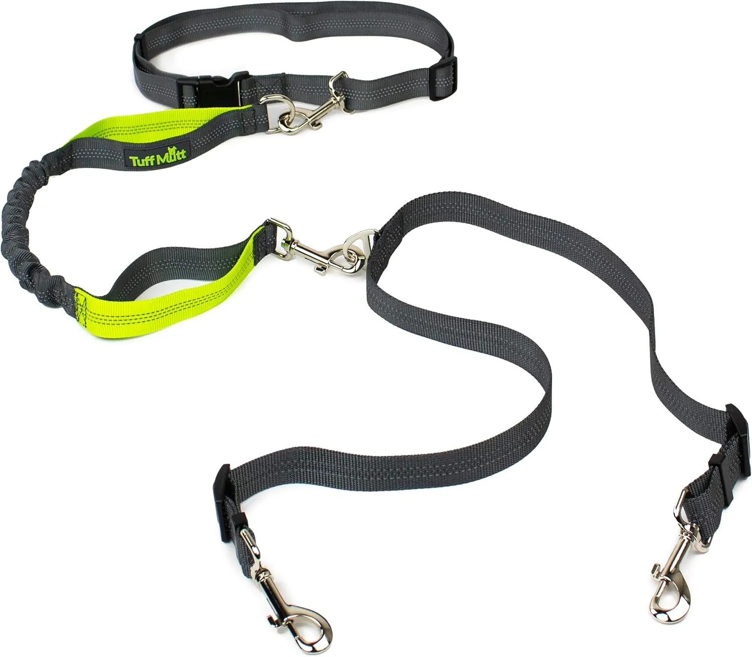 Tuff Mutt Hands Free Double Dog Leash for Running, Walking, and Hiking Two Dogs, Dual Handle Reflective Bungee Connects to Waist Belt, Adjustable No Tangle Coupler, Works with Medium - Large Dogs