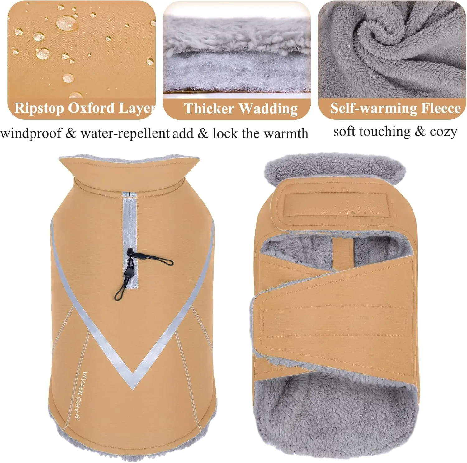 VIVAGLORY Warm Dog Fleece Vest Jacket with Two-Way Zipper Opening, Pet Jacket with Fleece Lining for Small Pets, Khaki XXS
