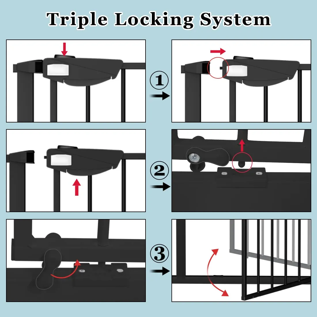 WAOWAO Triple Lock Baby Gate Extra Wide 62.59-67.32" Pressure Mounted Walk Through Swing Auto Close Safety Black Metal Dog Pet Puppy Cat for Stairs,Doorways,Kitchen