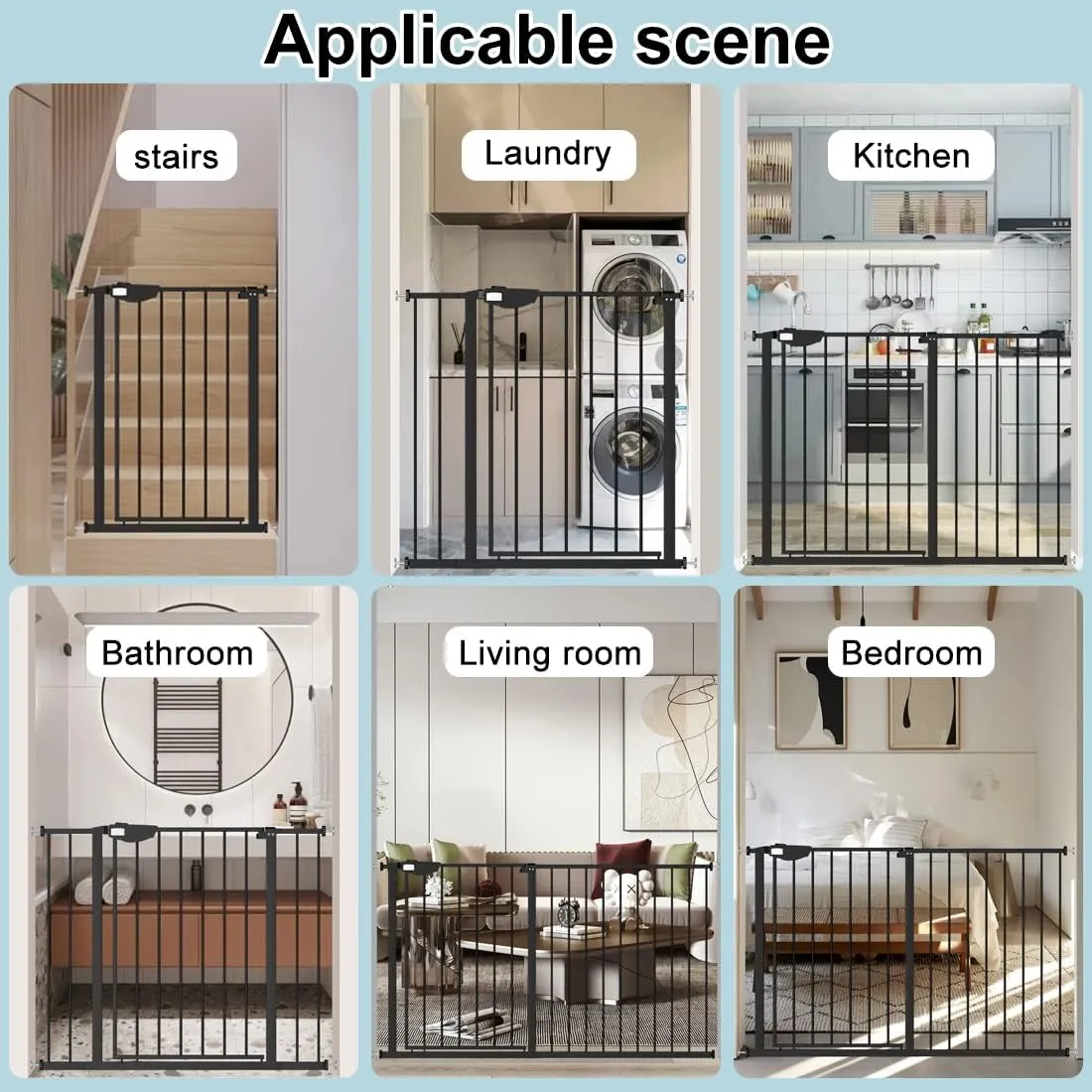 WAOWAO Triple Lock Baby Gate Extra Wide 81.49-86.22" Pressure Mounted Walk Through Swing Auto Close Safety Black Metal Dog Pet Puppy for Stairs,Doorways
