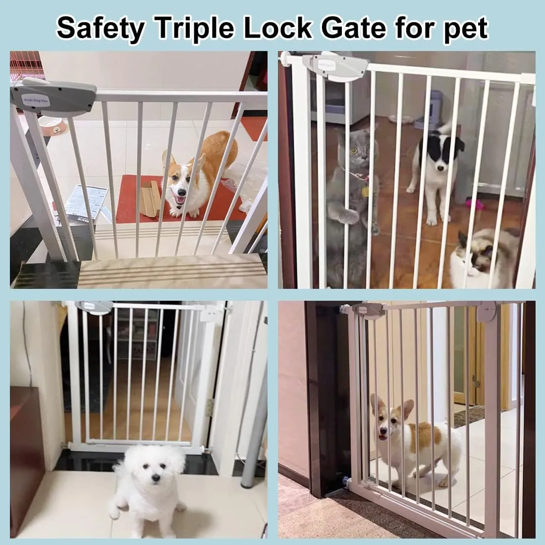 WAOWAO Triple Lock Baby Gate Extra Wide 81.49-86.22" Pressure Mounted Walk Through Swing Auto Close Safety Black Metal Dog Pet Puppy for Stairs,Doorways