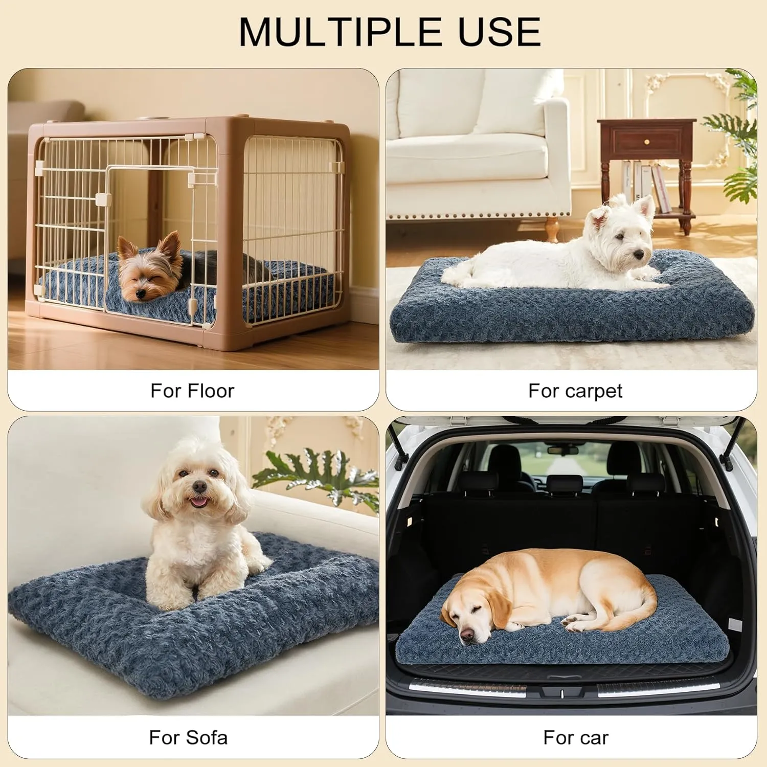 Washable Dog Bed Plush Dog Crate Beds Comfy Kennel Pad Anti-Slip Pet Sleeping Mat for Large, Jumbo, Medium, Small Dogs Breeds,23" x 19"