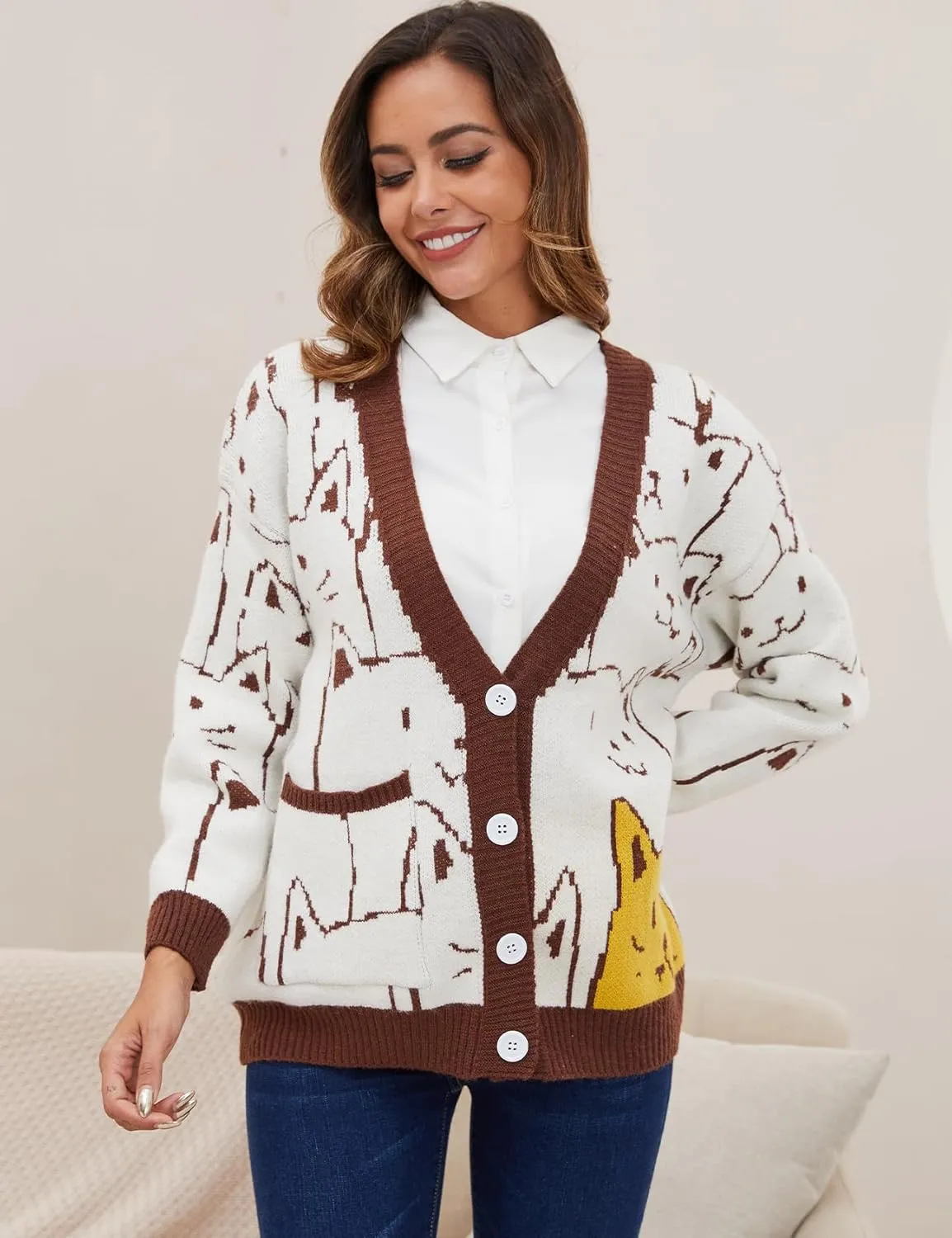 Women's Cat Sweater Cardigan Oversized Kawaii Cartoon Button Down Open Front Cat Print Knit Vintage Cardigan Sweater