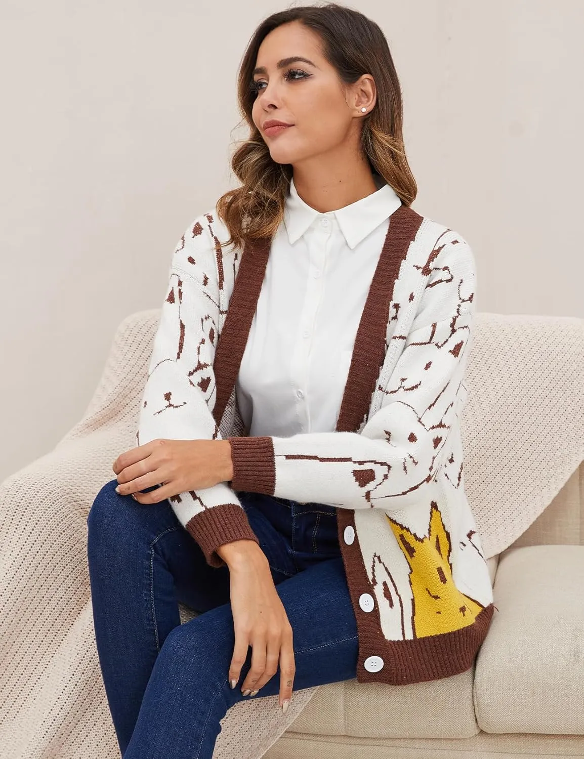 Women's Cat Sweater Cardigan Oversized Kawaii Cartoon Button Down Open Front Cat Print Knit Vintage Cardigan Sweater