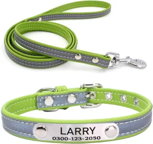 Yonsbox Custom Personalized Reflective Cat Dog Collar and Leash Set with Engraved Name Plate Green Puppy Kitty Dog Cat Collar and 4 FT Leash Set for Small Medium Large Girl Boy Dogs Cats
