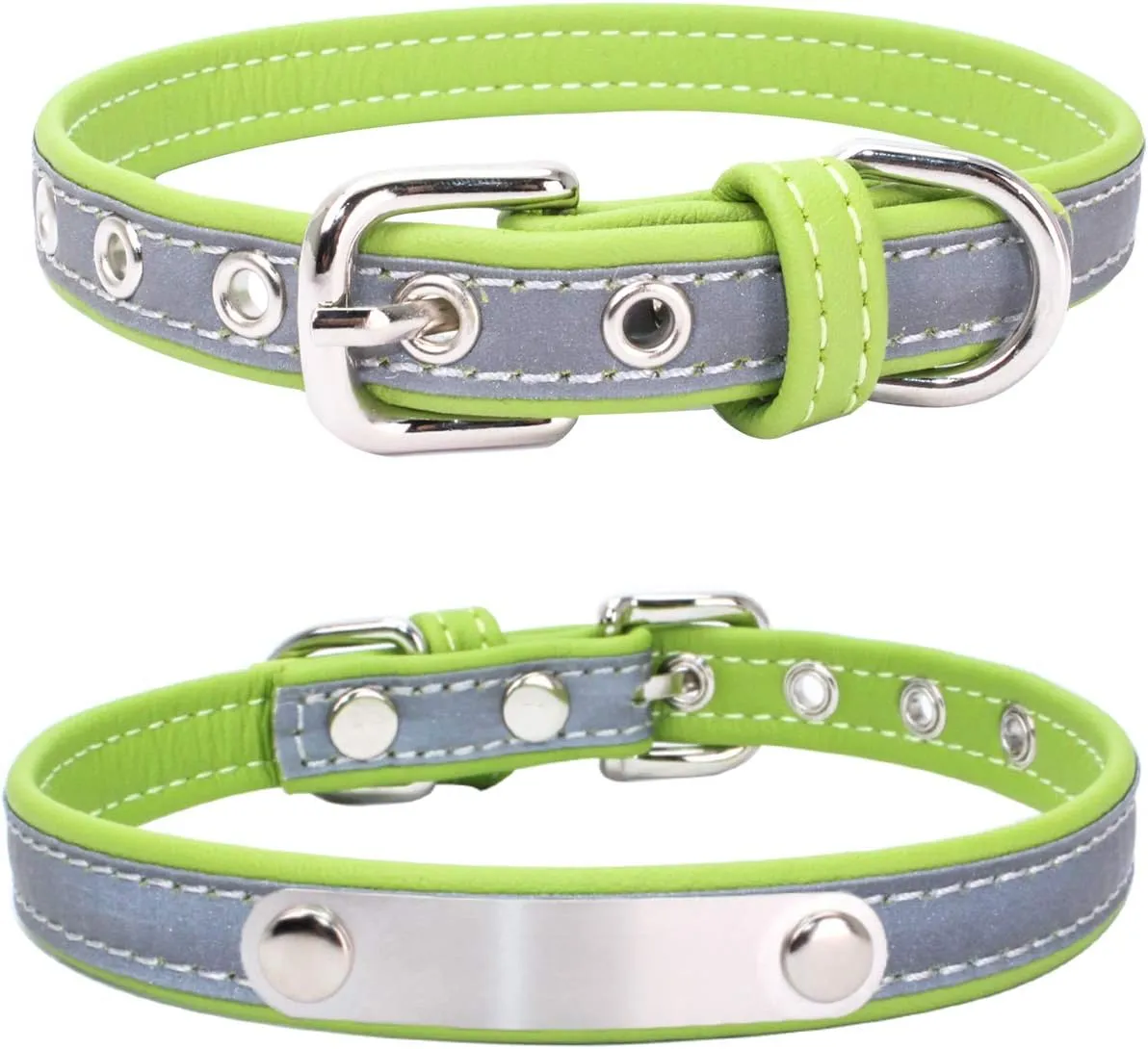 Yonsbox Custom Personalized Reflective Cat Dog Collar and Leash Set with Engraved Name Plate Green Puppy Kitty Dog Cat Collar and 4 FT Leash Set for Small Medium Large Girl Boy Dogs Cats