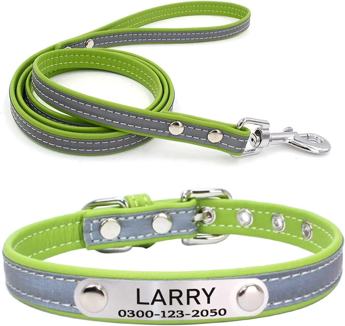 Yonsbox Custom Personalized Reflective Cat Dog Collar and Leash Set with Engraved Name Plate Green Puppy Kitty Dog Cat Collar and 4 FT Leash Set for Small Medium Large Girl Boy Dogs Cats